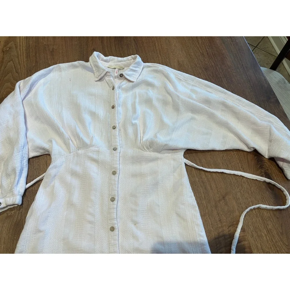 Free‎ People Pink Textured Button Front Mini Dress Side Tie Long Sleeve Medium